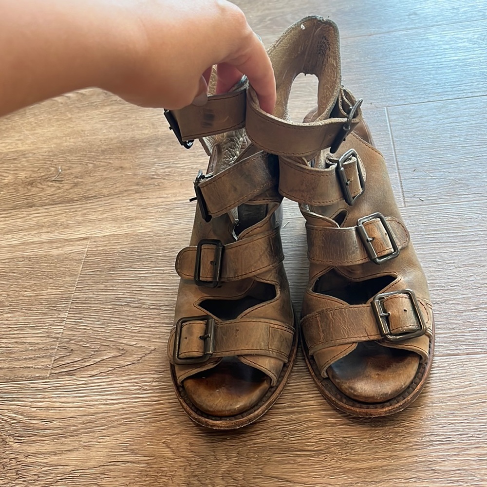 Freebird tan brown buckle heel sandal booties